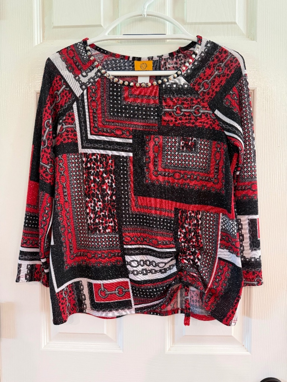 Ruby Rd Red & Black Chain-Print Top Size PS
